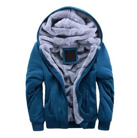 Mens Hoodies Fleece Hooded Sweatershirt Winter Warm Thick Coat Jackets - Blue - L