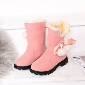 2022 New Winter Girls Snow Boots Cotton Shoes Cute Pompom Ribbons Velvet Girls Mid-calf Boots Plush Children Suede Shoes E10302