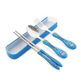 Children's three-piece cartoon cutlery stainless steel chopsticks spoon fork travel cutlery - blue