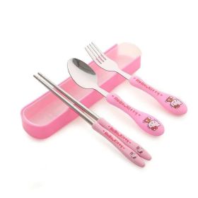 Children's three-piece cartoon cutlery stainless steel chopsticks spoon fork travel cutlery - pink