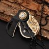 Pocket Mini Knife With Vintage Skull Design; Outdoor Camping Survival Tactical Knife; Necklace Keychain EDC Tool - Sliver