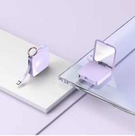 Mini Keychain Comes With Wire Diamond-encrusted Beauty Mirror Mobile Charging Bank (Option: Purple-Type c-3300mah)