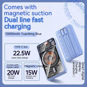 With Cable Magnetic Suction Wireless Charger Large Capacity Portable Power (Option: Blue-10000mAh)